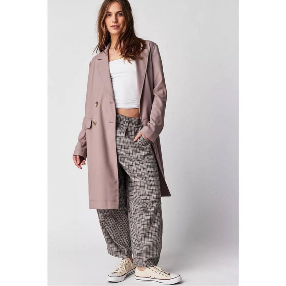 Free People Plaid Wide-Leg Pants with Taupe Coat